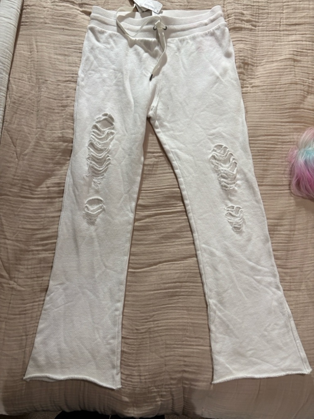 White Distressed Knit Flare Sweatpants M